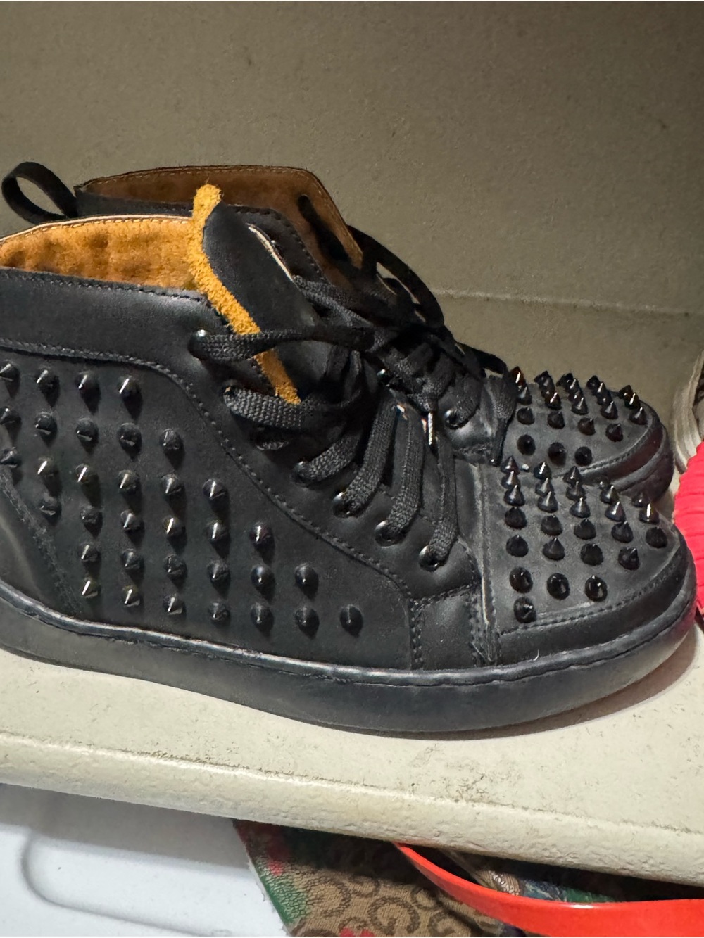 Christian Louboutin Black Studded High-Top Sneakers with Tan Lining